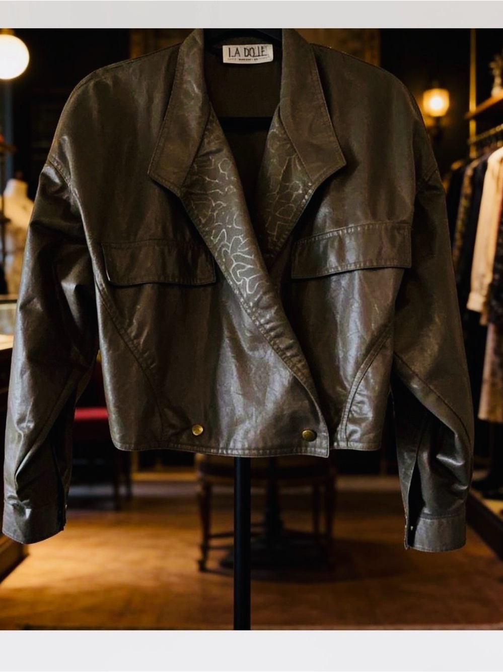 La Belle Olive Green Cropped Leather Jacket - Picture 2 of 6